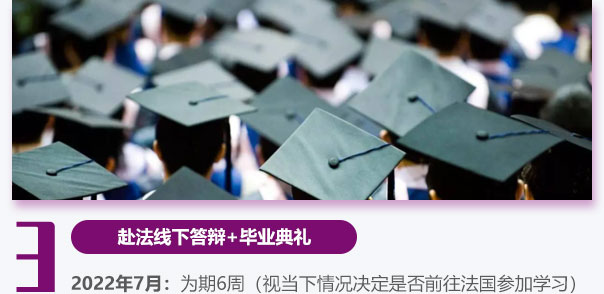 赴法线下答辩+毕业典礼.2022年7月：为期6周（视当下情况决定是否前往法国参加学习）